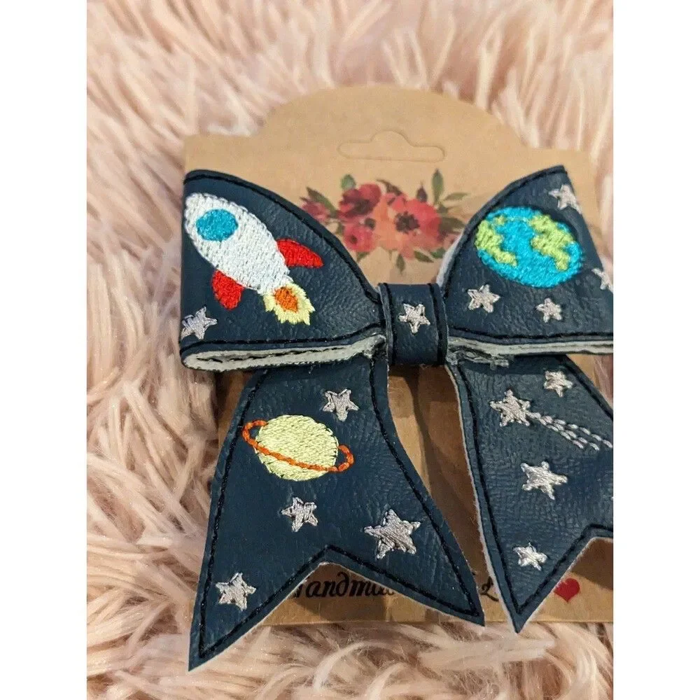 Space themed NASA hair bow barrette embroidered handmade brand new barrette clip